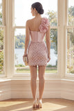 One Shoulder Blush Sequins Bodycon Mini Dress with 3D Flower