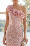 One Shoulder Blush Sequins Bodycon Mini Dress with 3D Flower