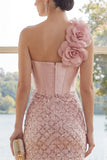 One Shoulder Blush Sequins Bodycon Mini Dress with 3D Flower