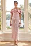 Off the Shoulder Blush Corset Sheath Maxi Sequin Dress with 3D Flowers