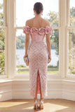 Off the Shoulder Blush Corset Sheath Maxi Sequin Dress with 3D Flowers