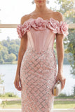 Off the Shoulder Blush Corset Sheath Maxi Sequin Dress with 3D Flowers