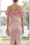 Off the Shoulder Blush Corset Sheath Maxi Sequin Dress with 3D Flowers