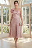 Sparkly Blush One Shoulder Ruched A Line Midi Dress with Sequins