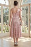 Sparkly Blush One Shoulder Ruched A Line Midi Dress with Sequins