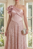Sparkly Blush One Shoulder Ruched A Line Midi Dress with Sequins