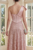Sparkly Blush One Shoulder Ruched A Line Midi Dress with Sequins