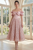 Off the Shoulder Blush Corset A Line Sequin Midi Dress with Bow