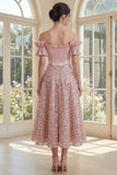Off the Shoulder Blush Corset A Line Sequin Midi Dress with Bow