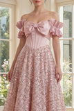 Off the Shoulder Blush Corset A Line Sequin Midi Dress with Bow