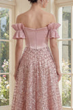 Off the Shoulder Blush Corset A Line Sequin Midi Dress with Bow