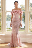 Off the Shoulder Blush Mermaid Sequin Corset Evening Dress with 3D Flowers