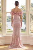Off the Shoulder Blush Mermaid Sequin Corset Evening Dress with 3D Flowers