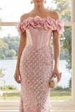 Off the Shoulder Blush Mermaid Sequin Corset Evening Dress with 3D Flowers