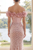 Off the Shoulder Blush Mermaid Sequin Corset Evening Dress with 3D Flowers