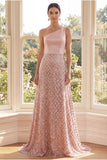 One Shoulder Blush A-Line Long Evening Dress with Sequins