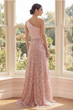 One Shoulder Blush A-Line Long Evening Dress with Sequins