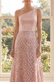 One Shoulder Blush A-Line Long Evening Dress with Sequins