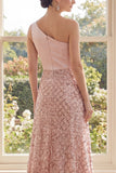 One Shoulder Blush A-Line Long Evening Dress with Sequins