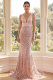Sparkly Blush Mermaid V Neck Sequin Evening Dress