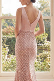 Sparkly Blush Mermaid V Neck Sequin Evening Dress