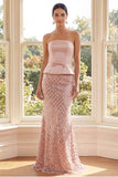 Sparkly Blush Strapless Mermaid Sequin Evening Dress with Bow