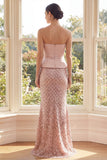 Sparkly Blush Strapless Mermaid Sequin Evening Dress with Bow