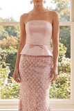 Sparkly Blush Strapless Mermaid Sequin Evening Dress with Bow