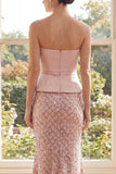 Sparkly Blush Strapless Mermaid Sequin Evening Dress with Bow