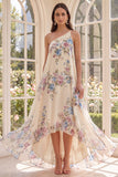 Apricot One Shoulder A Line Printed High Low Floral Dress