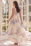 Apricot One Shoulder A Line Printed High Low Floral Dress
