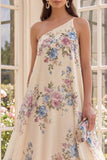 Apricot One Shoulder A Line Printed High Low Floral Dress