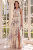 Halter Apricot A Line Backless Maxi Floral Dress with Slit
