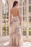 Halter Apricot A Line Backless Maxi Floral Dress with Slit