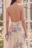 Halter Apricot A Line Backless Maxi Floral Dress with Slit
