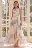 Apricot A Line Halter Open Back Maxi Floral Dress with Slit
