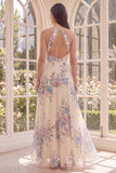 Apricot A Line Halter Open Back Maxi Floral Dress with Slit