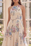 Apricot A Line Halter Open Back Maxi Floral Dress with Slit