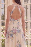 Apricot A Line Halter Open Back Maxi Floral Dress with Slit