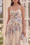 Apricot A Line Sweetheart Floral Dress with Ruffles