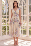 Apricot V-Neck A Line Printed Midi Floral Dress