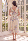 Apricot V-Neck A Line Printed Midi Floral Dress