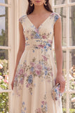 Apricot V-Neck A Line Printed Midi Floral Dress