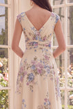 Apricot V-Neck A Line Printed Midi Floral Dress