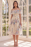 Off the Shoulder Apricot A Line Midi Floral Dress with Ruffles