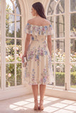 Off the Shoulder Apricot A Line Midi Floral Dress with Ruffles