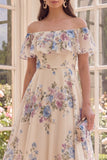 Off the Shoulder Apricot A Line Midi Floral Dress with Ruffles