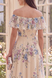Off the Shoulder Apricot A Line Midi Floral Dress with Ruffles