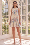 Apricot Floral A Line Boat Neck Mini Floral Dress