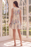 Apricot Floral A Line Boat Neck Mini Floral Dress